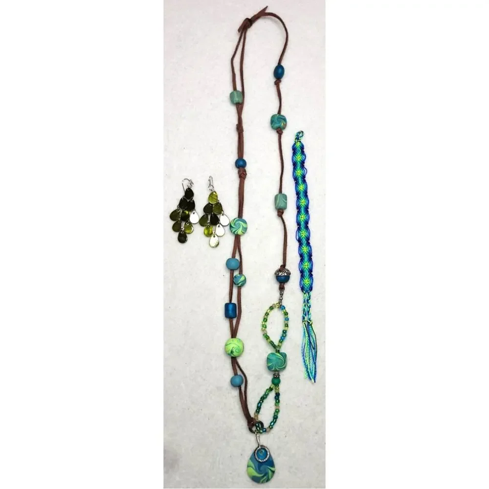 Boho Polymer Clay Green Blue Statement Necklace Earrings Bracelet Set Lot